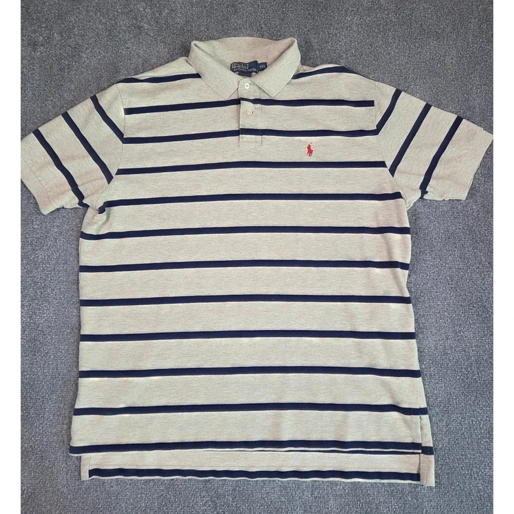 Polo Ralph Lauren Polo Shirt Mens XXL Grey Navy Blue Striped Short Sleeve Cotton